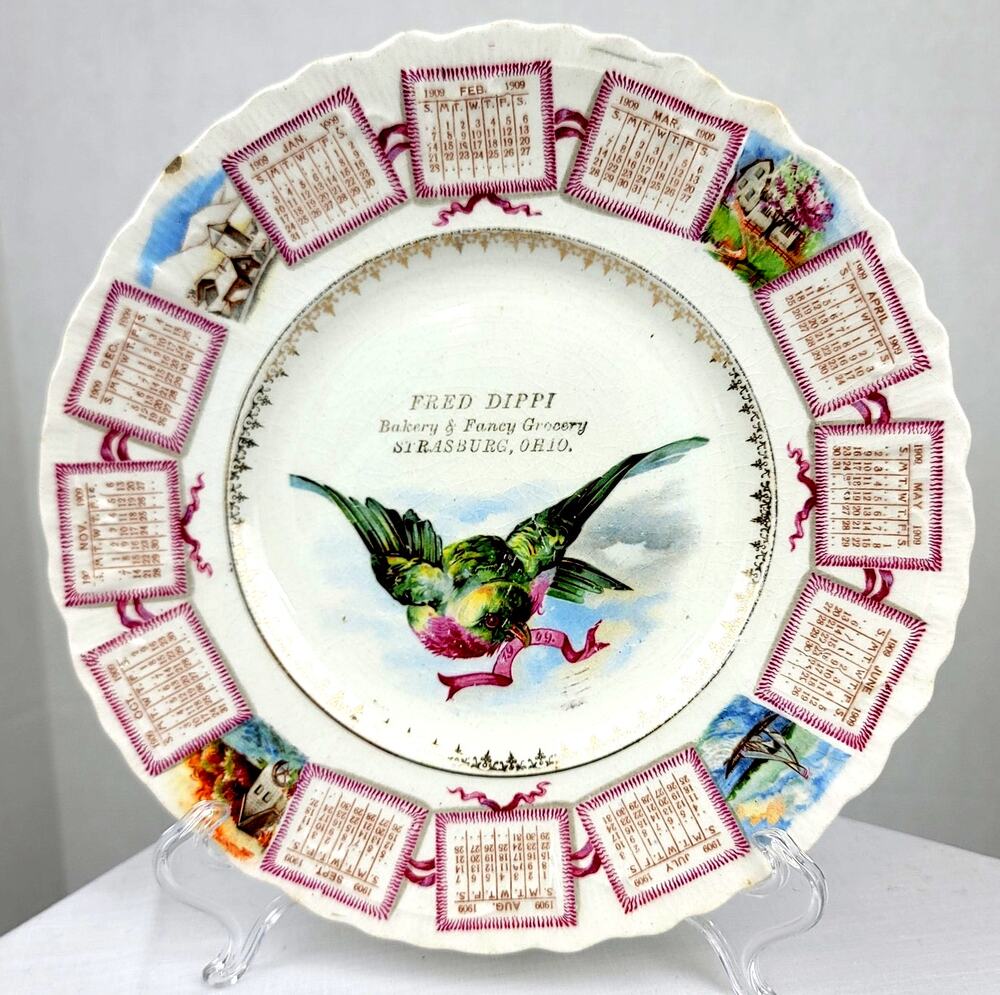VNTG 09 Advertising Calendar Plate Fred Dippi Bakery  Fancy Grocery Strasburg Oh